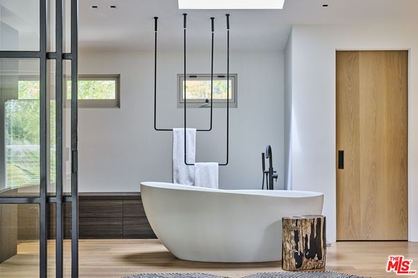 Bathroom, Free Standing Baths, Interior, Recessed Lighting, Wood Texture Flooring