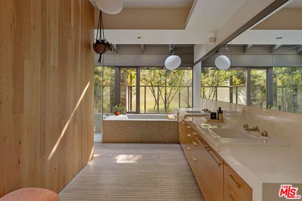 Bathroom, Dual Sink Vanities, Interior, Pendant Lights, Wood Texture Flooring