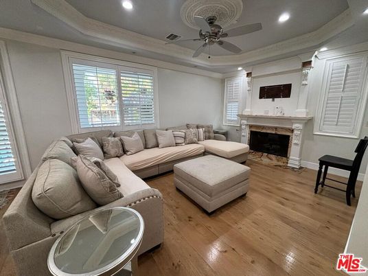 Fireplace, Interior, Living room, Recessed Lighting, Wood Texture Flooring