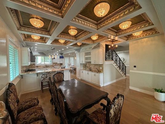 Chandelier, Interior, Kitchen, Pendant Lights, Recessed Lighting, Wood Texture Flooring