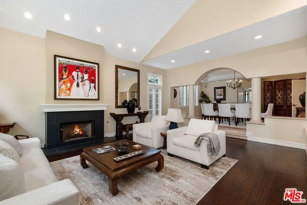 Chandelier, Dining room, Fireplace, Interior, Living room, Recessed Lighting, Wood Texture Flooring