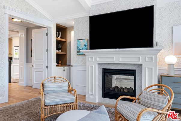 Fireplace, Interior, Recessed Lighting, Wood Texture Flooring