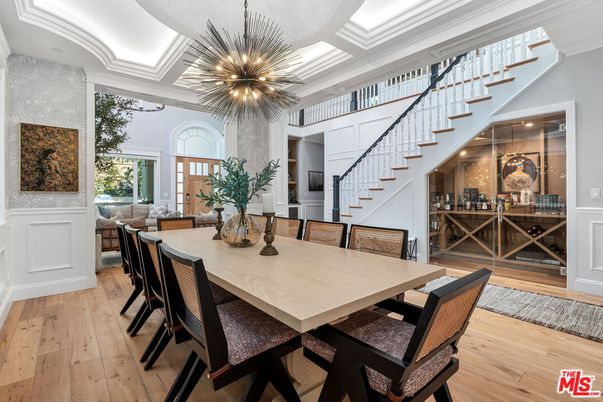 Dining room, Interior, Pendant Lights, Recessed Lighting, Wood Texture Flooring