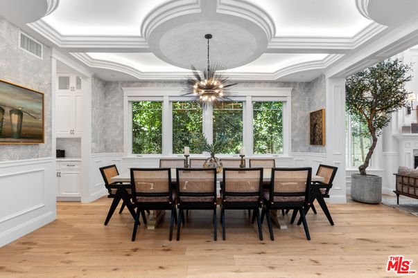 Dining room, Interior, Pendant Lights, Recessed Lighting, Wood Texture Flooring