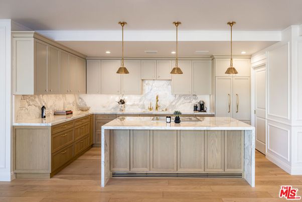 Interior, Kitchen, Marble Walls, Pendant Lights, Recessed Lighting, Wood Texture Flooring