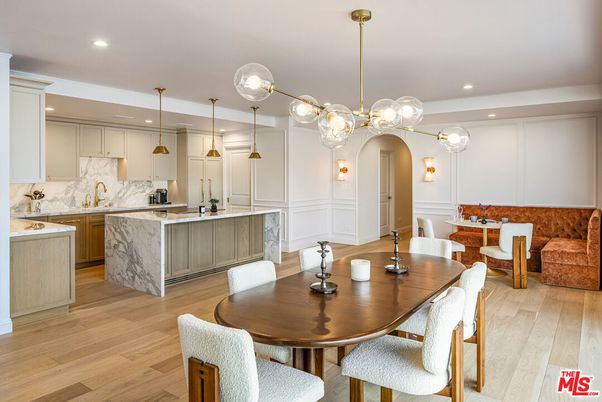 Dining room, Interior, Kitchen, Marble Walls, Pendant Lights, Recessed Lighting, Wood Texture Flooring