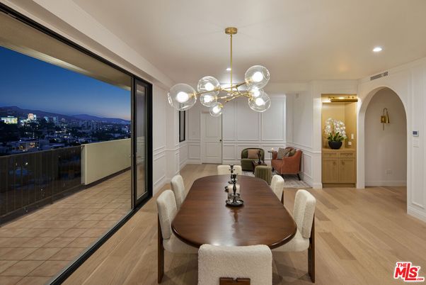 Dining room, Interior, Pendant Lights, Recessed Lighting, Wood Texture Flooring
