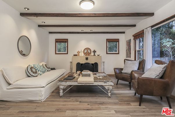 Fireplace, Interior, Living room, Recessed Lighting, Wooden Beams, Wood Texture Flooring