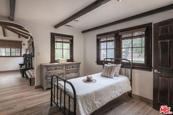 Bedroom, Interior, Recessed Lighting, Wooden Beams, Wood Texture Flooring