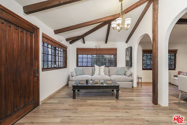 Chandelier, Interior, Living room, Wooden Beams, Wood Texture Flooring