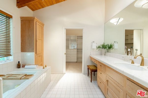 Bathroom, Dual Sink Vanities, Interior, Tile Countertops, Walk-in Closets, Wooden Beams