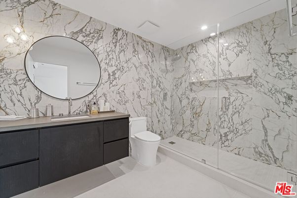 Bathroom, Glass Shower, Interior, Marble Walls, Recessed Lighting