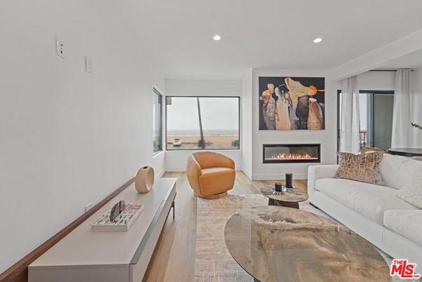Fireplace, Interior, Living room, Recessed Lighting, Water, Wood Texture Flooring