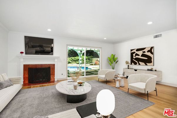 Fireplace, Interior, Living room, Recessed Lighting, Wood Texture Flooring