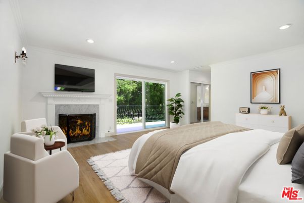 Bedroom, Fireplace, Interior, Recessed Lighting, Wood Texture Flooring
