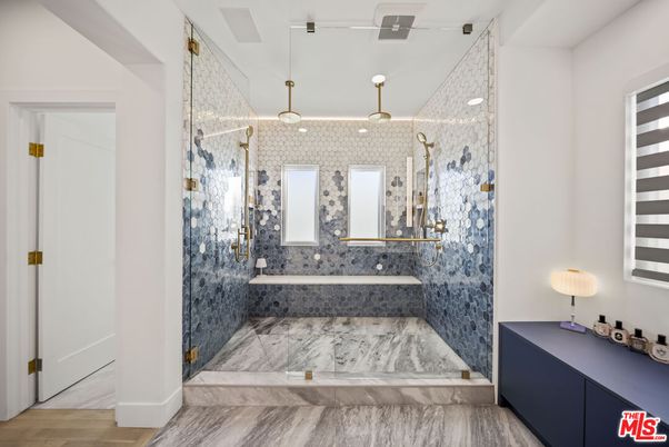 Bathroom, Glass Shower, Interior, Pendant Lights, Wood Texture Flooring