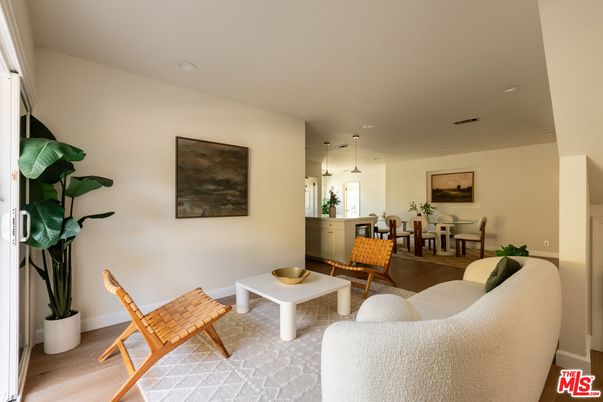 Dining room, Interior, Living room, Pendant Lights, Recessed Lighting, Wood Texture Flooring
