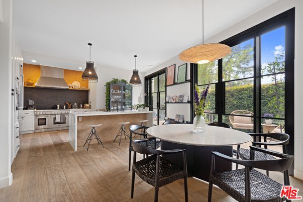 Dining room, Interior, Kitchen, Pendant Lights, Recessed Lighting, Wood Texture Flooring