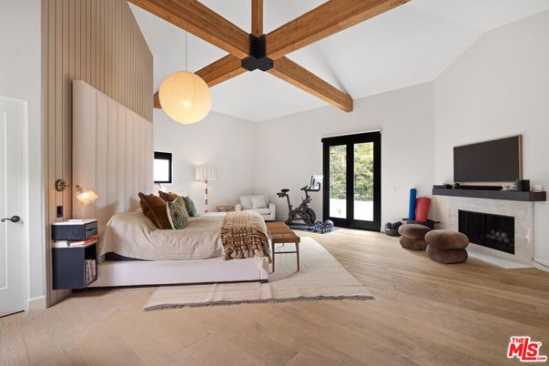 Bedroom, Fireplace, Fitness Equipment, Interior, Pendant Lights, Wooden Beams, Wood Texture Flooring