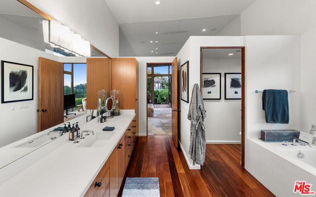 Bathroom, Dual Sink Vanities, Interior, Recessed Lighting, Wood Texture Flooring