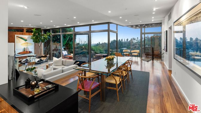 Dining room, Interior, Living room, Recessed Lighting, Wood Texture Flooring