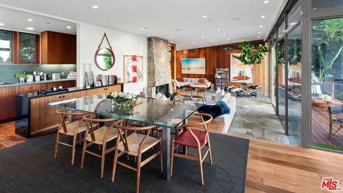 Dining room, Fireplace, Interior, Living room, Recessed Lighting, Wood Texture Flooring, Wooden Walls