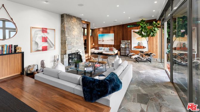 Fireplace, Interior, Living room, Recessed Lighting, Stone Walls, Wood Texture Flooring, Wooden Walls
