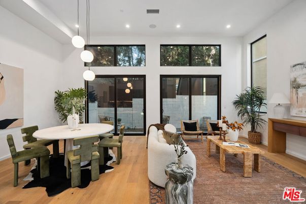Dining room, Interior, Living room, Pendant Lights, Recessed Lighting, Wood Texture Flooring