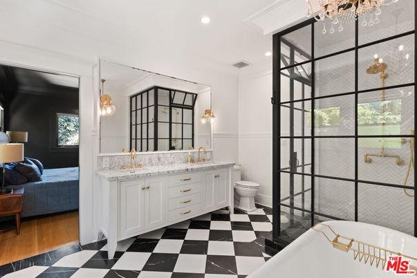 Bathroom, Bedroom, Dual Sink Vanities, Interior, Recessed Lighting, Wood Texture Flooring