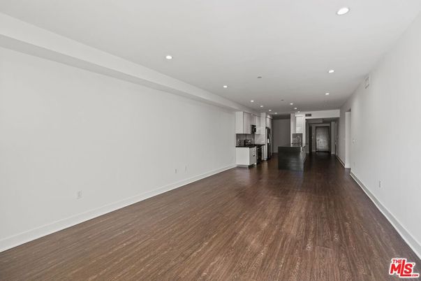Empty room, Interior, Kitchen, Recessed Lighting, Wood Texture Flooring