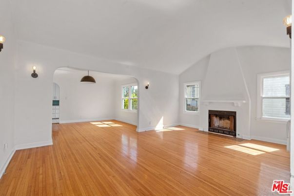 Empty room, Fireplace, Interior, Pendant Lights, Wood Texture Flooring