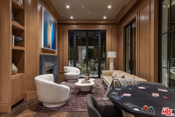 Fireplace, Interior, Living room, Recessed Lighting, Wood Texture Flooring, Wooden Walls