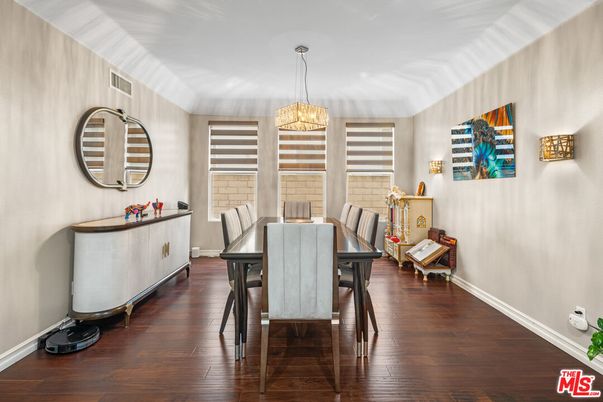 Dining room, Interior, Pendant Lights, Wood Texture Flooring