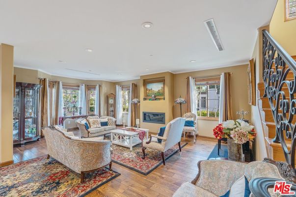 Fireplace, Interior, Living room, Recessed Lighting, Wood Texture Flooring