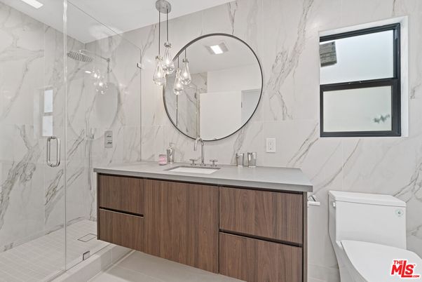 Bathroom, Glass Shower, Interior, Marble Walls, Pendant Lights