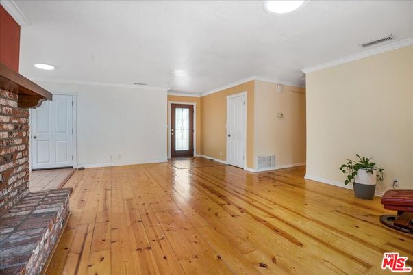 Empty room, Interior, Recessed Lighting, Stone Walls, Wood Texture Flooring