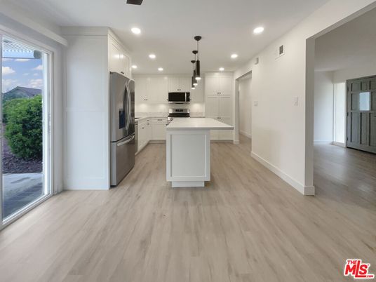 Interior, Kitchen, Pendant Lights, Recessed Lighting, Stainless Steel Appliances, Wood Texture Flooring