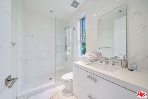 Bathroom, Glass Shower, Interior, Marble Walls, Recessed Lighting