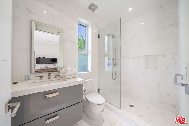 Bathroom, Glass Shower, Interior, Marble, Marble Walls, Recessed Lighting