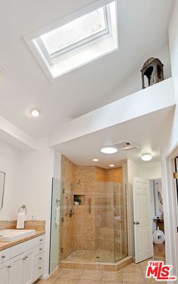 Bathroom, Glass Shower, Interior, Recessed Lighting, Tile Countertops