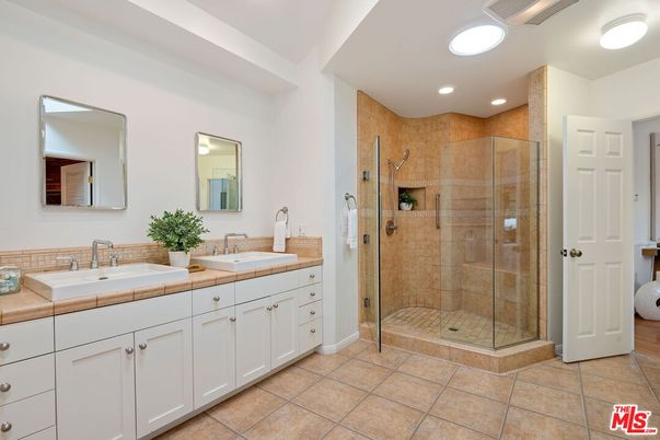 Bathroom, Dual Sink Vanities, Glass Shower, Interior, Recessed Lighting, Tile Countertops