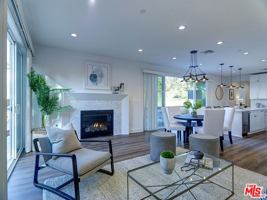Dining room, Fireplace, Interior, Kitchen, Living room, Pendant Lights, Recessed Lighting, Wood Texture Flooring