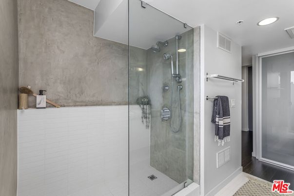 Bathroom, Glass Shower, Interior, Recessed Lighting, Wood Texture Flooring