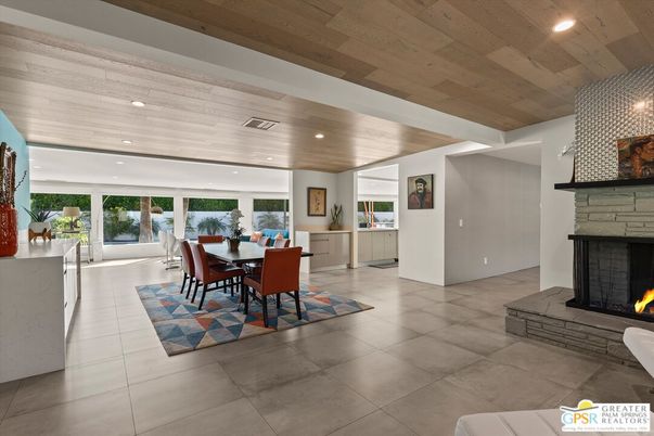 Dining room, Fireplace, Interior, Recessed Lighting, Wooden Ceilings