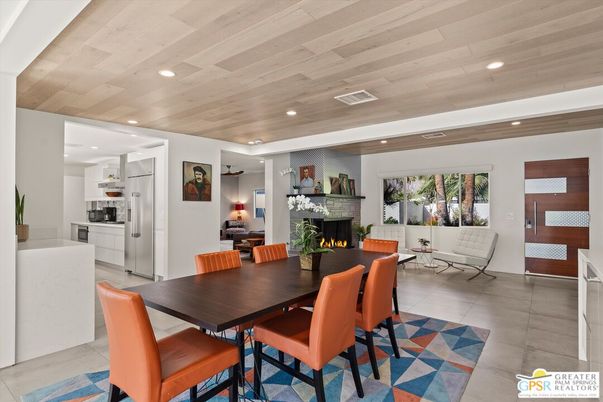 Dining room, Fireplace, Interior, Kitchen, Living room, Recessed Lighting, Stainless Steel Appliances, Wooden Ceilings