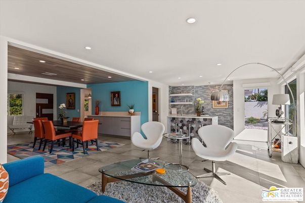 Dining room, Interior, Living room, Recessed Lighting, Stone Walls, Wooden Ceilings