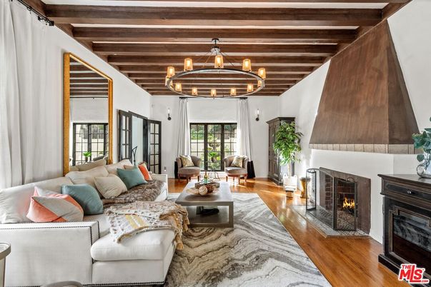 Chandelier, Fireplace, Interior, Living room, Wooden Beams, Wooden Ceilings, Wood Texture Flooring