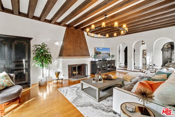 Chandelier, Fireplace, Interior, Living room, Wooden Beams, Wood Texture Flooring