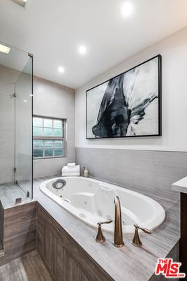 Bathroom, Glass Shower, Interior, Recessed Lighting, Wood Texture Flooring