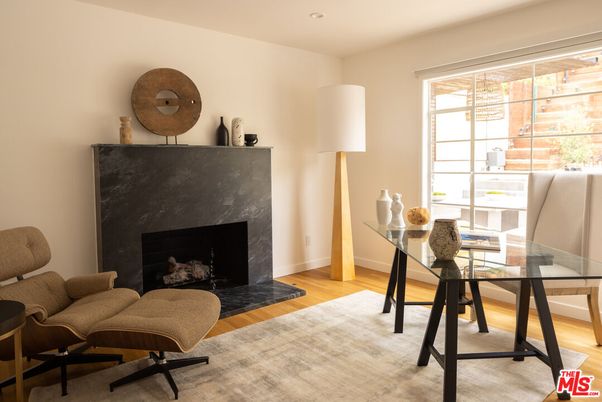 Fireplace, Home Office, Interior, Recessed Lighting, Wood Texture Flooring